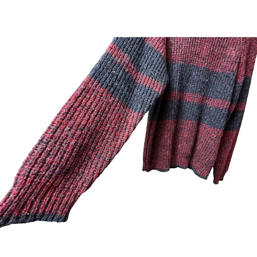 VTG Mens Striped Wool Blend Crewneck Sweater Burgundy Grey L Eclectic Grandpa‎